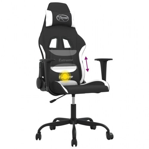 Gamingstol med massagefunktion i stof - sort/hvid, højde- og ryglæn justerbar