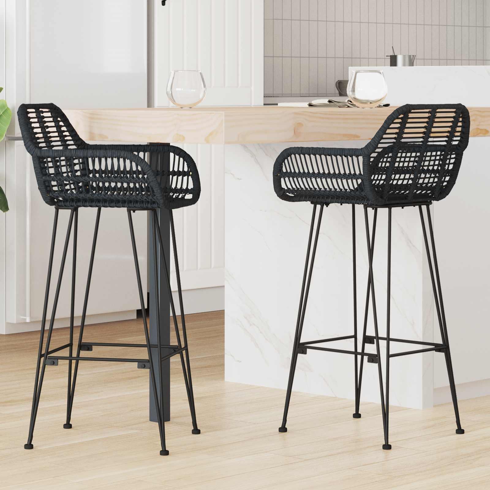 Barstol 2 stk Sort 55 x 52 x 92 cm Rattan og Jern