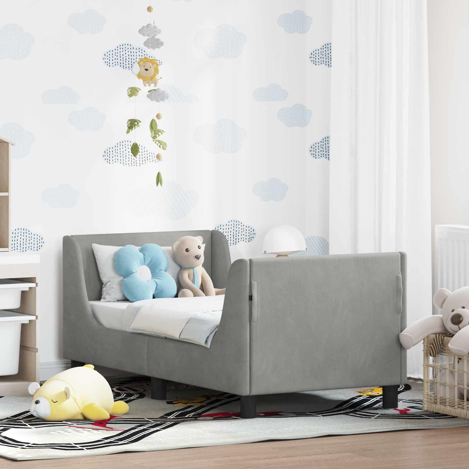 Sengestel til tumling med hovedgærde 70 x 140 cm i lysegrå fløjl