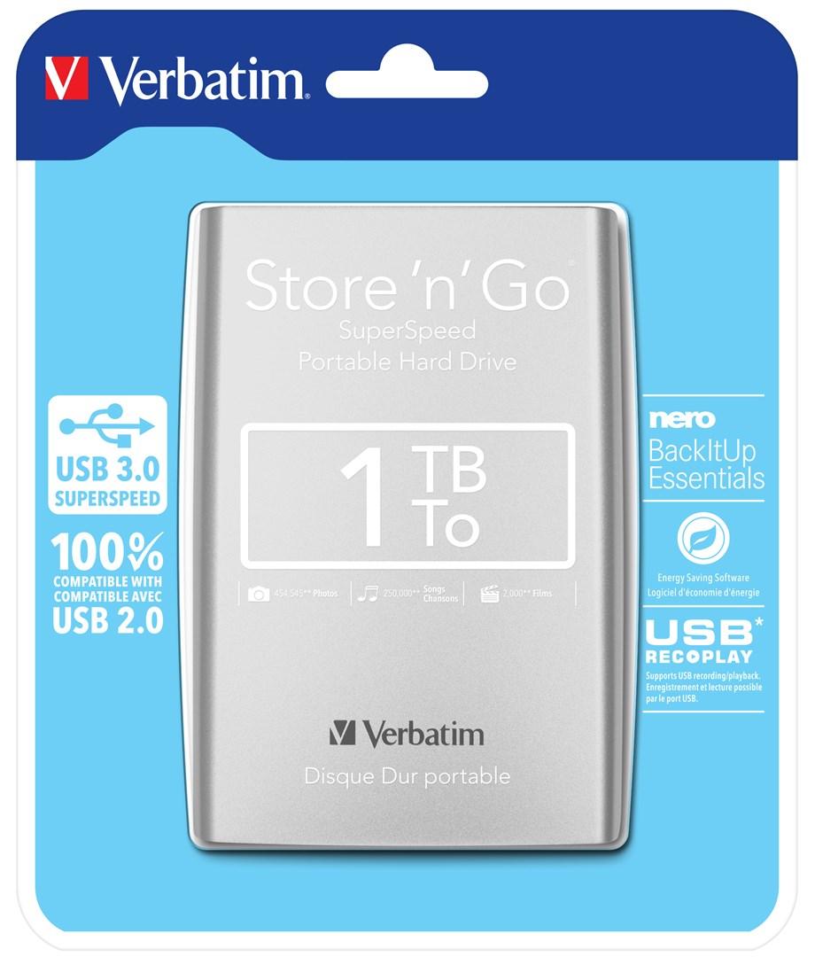 Ekstern harddisk USB 3.0 - Verbatim Store 'n' Go 1 TB, sølv billede