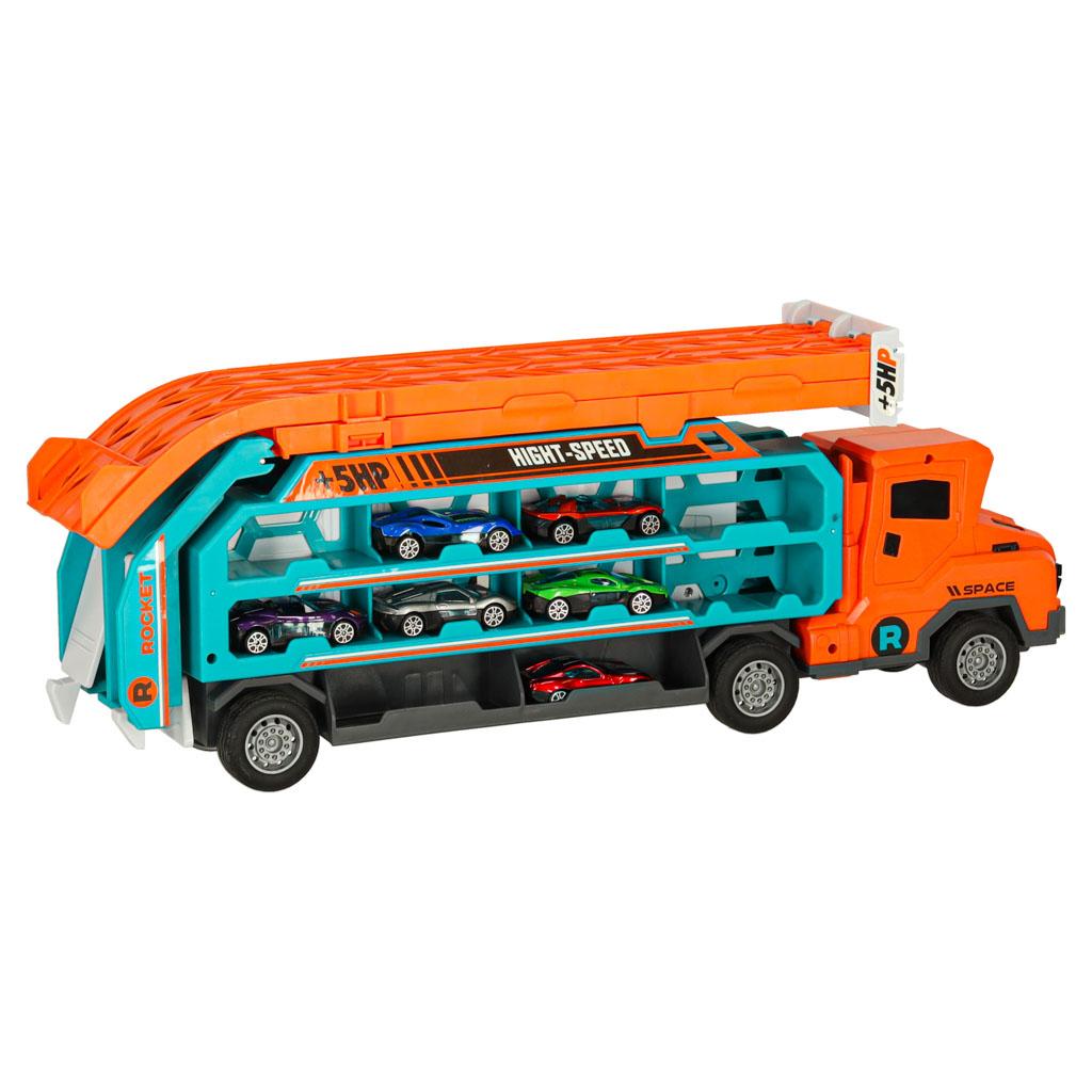 Bilbane lastbil med racerrampe - 6 biler - orange
