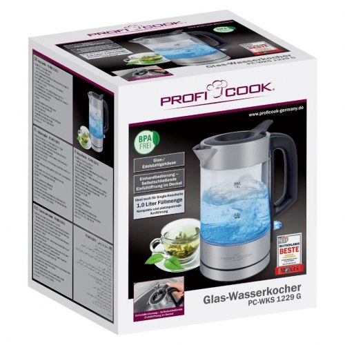 Elkedel 1,0 l – ProfiCook PC-WKS 1229 G, glas/rostfrit stål, 1.600 W