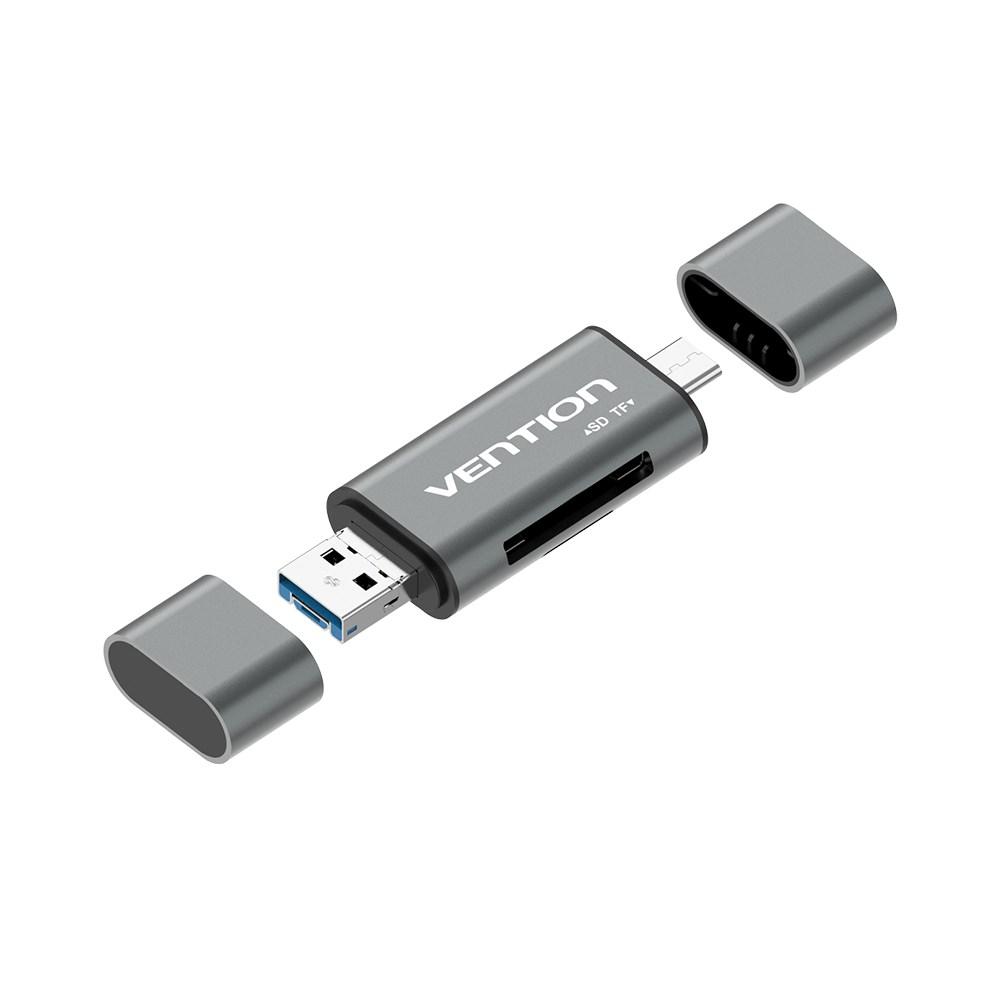 HukommelseskortlÃ¦ser USB 3.0 â Vention, grÃ¥ metal, USB-A/USB-C/Micro-USB