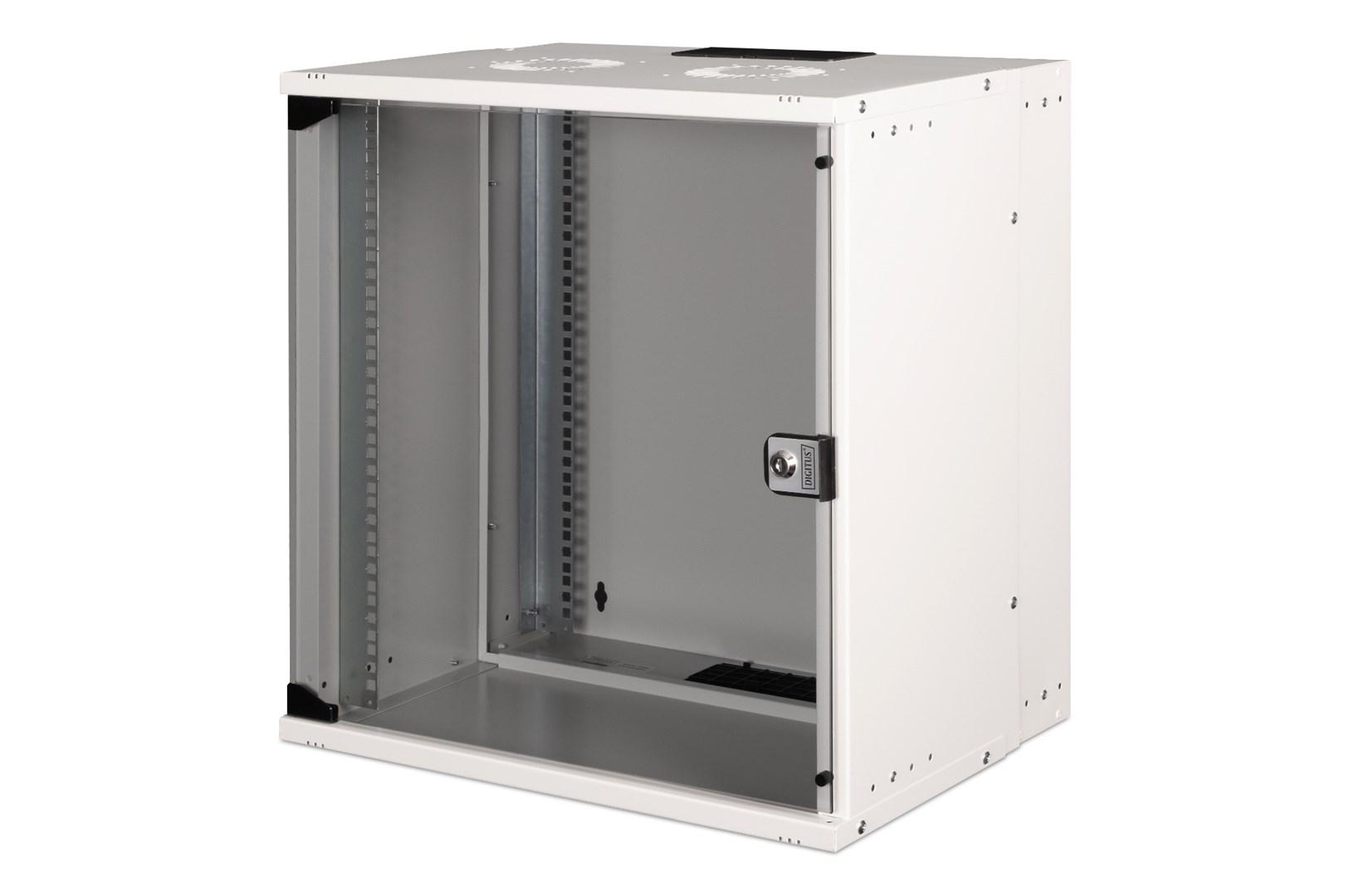 19" vægmonteret netværksskab DIGITUS SOHO PRO, 12U, 59,5 × 54 × 40 cm, glasdør, grå, flatpack, 60 kg billede