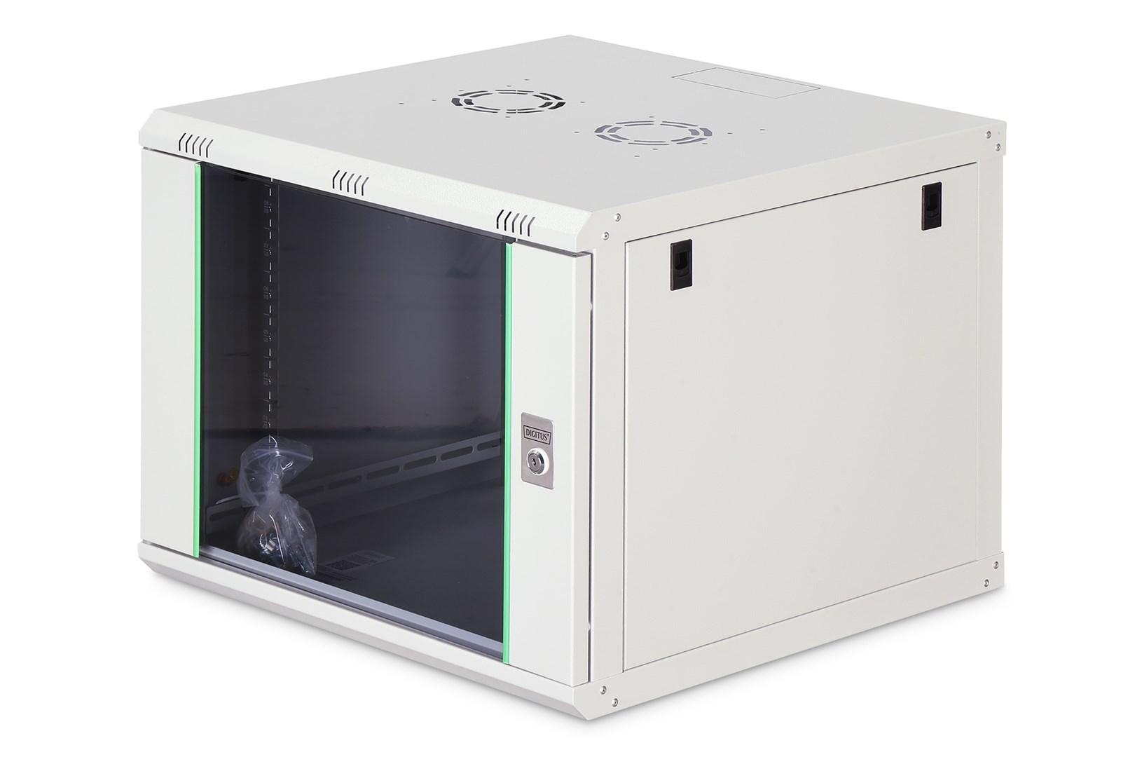 Netværksskab væghængt 19" 9U DIGITUS, 600×600 mm, glasdør, grå, 60 kg billede