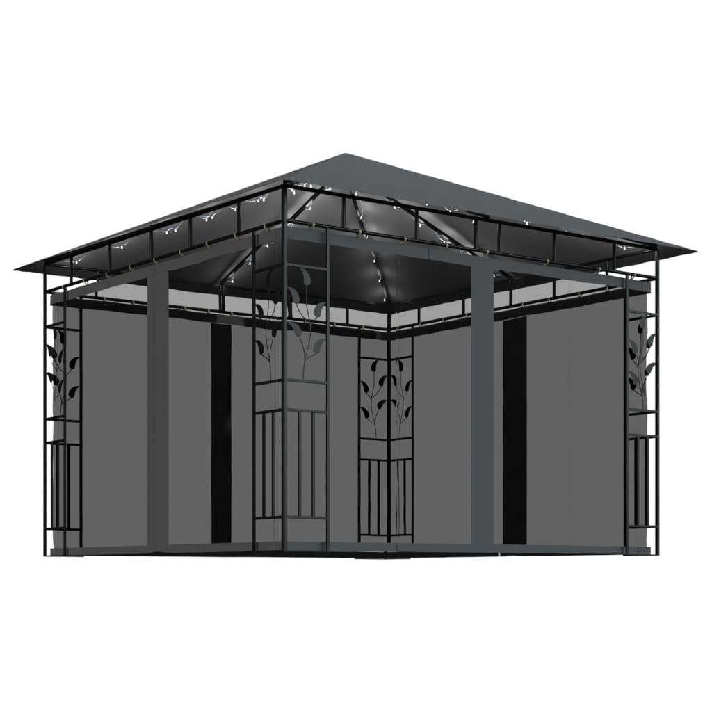 Pavillon med myggenet og LED-lyskæder 3x3x2,73 m antracitgrå