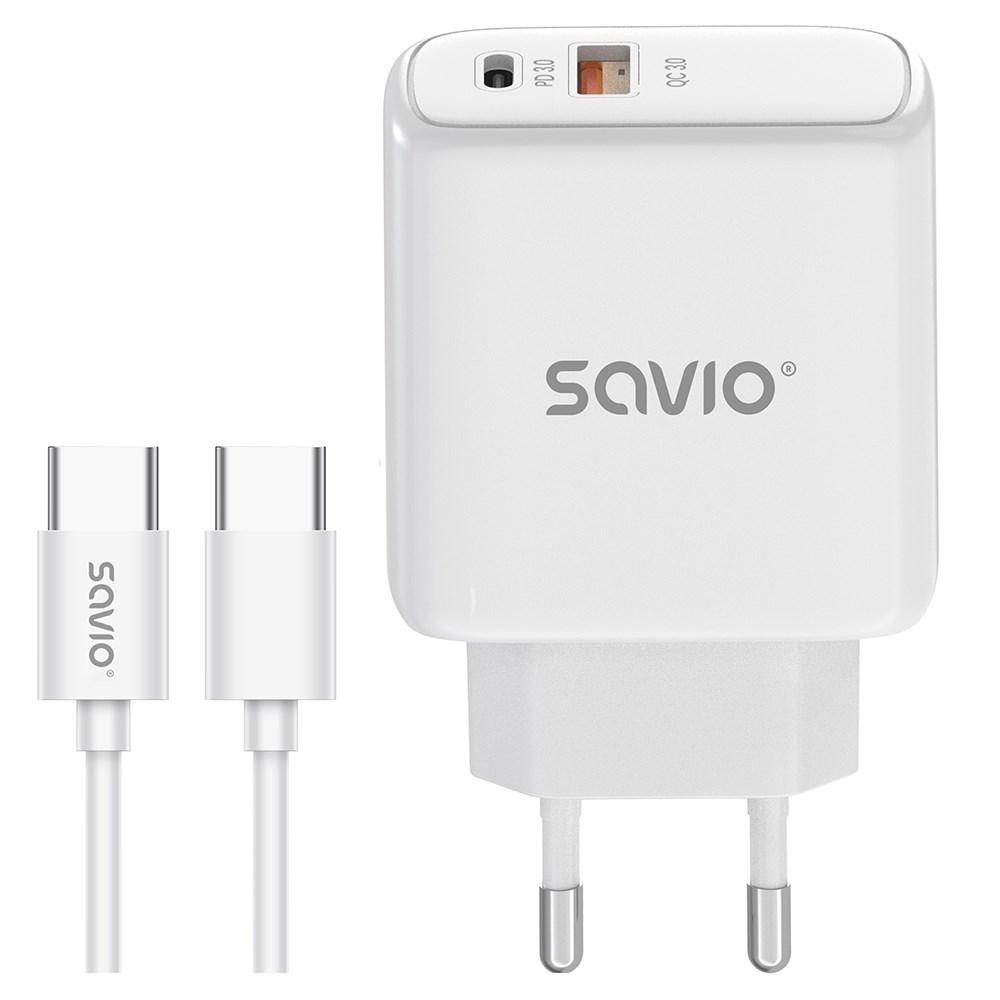 Hurtig vægoplader 20 W – Savio LA-13 med USB‑C til USB‑C kabel, hvid