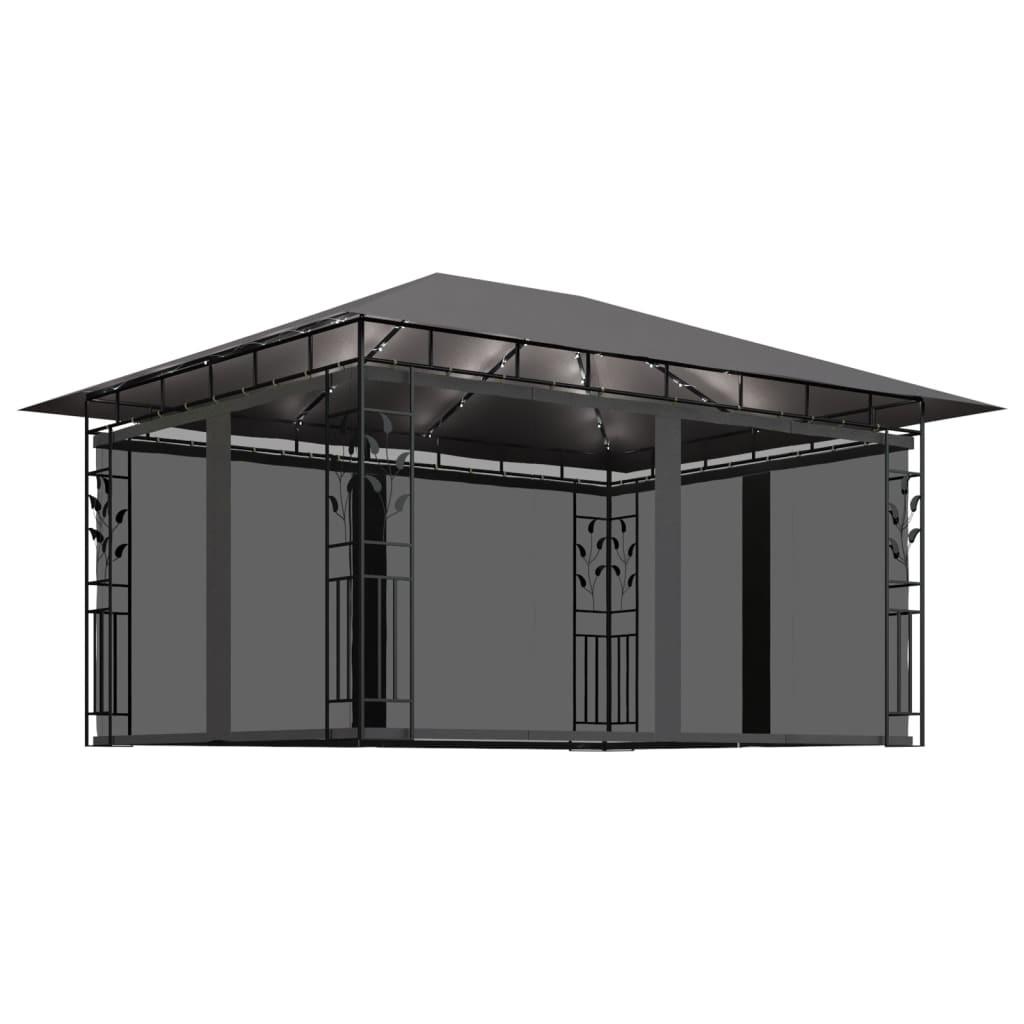 Pavillon med myggenet og LED-lyskæder 4x3x2,73 m antracitgrå
