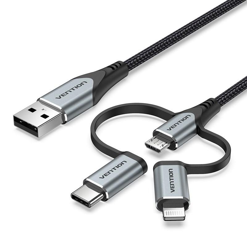 USB-kabel 3-i-1 fra Vention - USB-A til Lightning, USB-C og Micro-USB, 1 m, grå