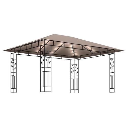 Pavillon med myggenet + LED-lyskæder 4x3x2,73 m gråbrun