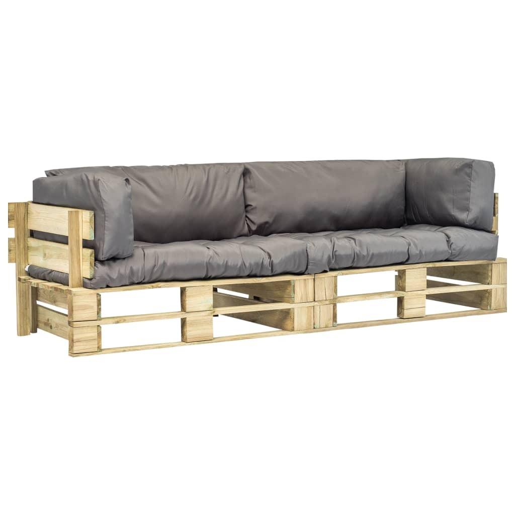 Pallesofasæt i 2 dele med grå hynder fyrretræ