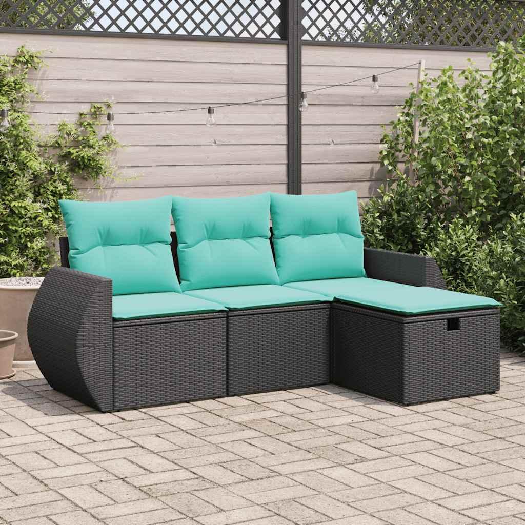 Havesofasæt i polyrattan - 4 dele med opbevaring, sort/blå hynder