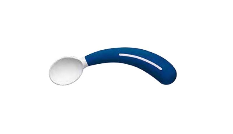 SUNDO ergonomisk ske til bÃ¸rn - hÃ¸jrehÃ¥ndet, bÃ¸jet skaft, blÃ¥/hvid
