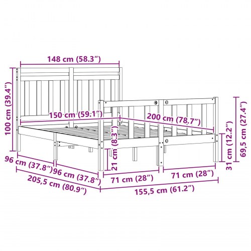 Sengestel i massiv fyrretræ - voks brun 205,5 x 155,5 x 100 cm