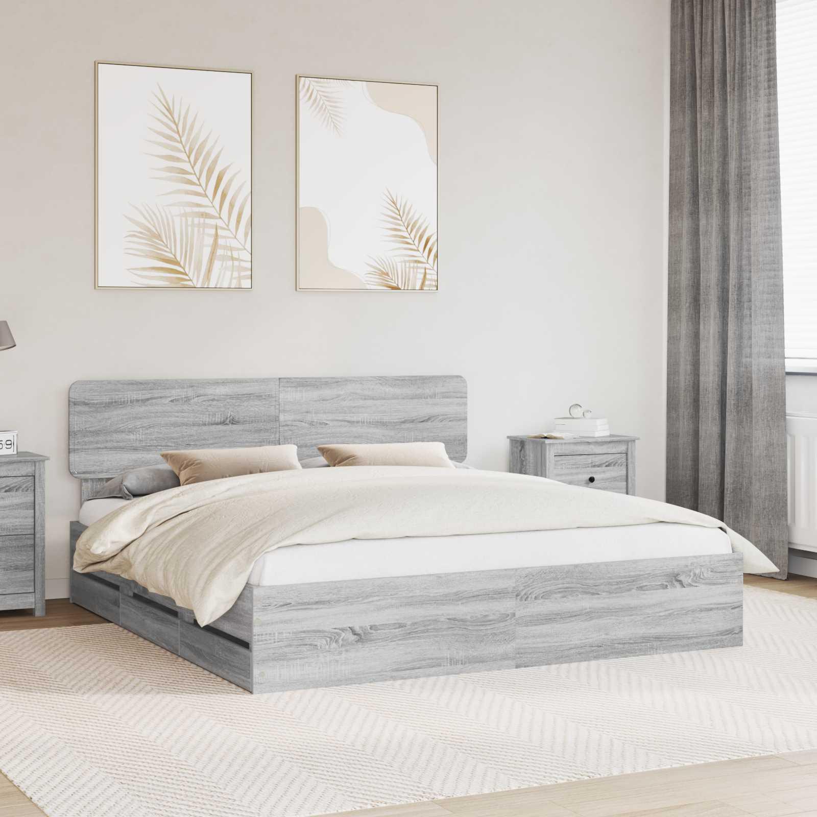 Sengestel med skuffe Grå Sonoma 200 x 200 cm Ingeniørtræ