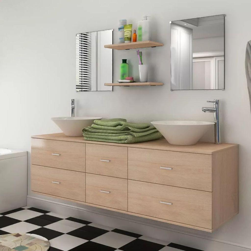 Billede af Sæt med badeværelsesmøbler m/håndvask + vandhane 9 dele beige