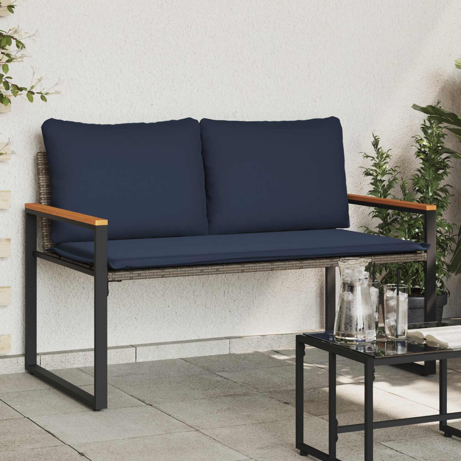 Bænk med pude Grå og Marineblå 115 x 65 x 72 cm Rattan