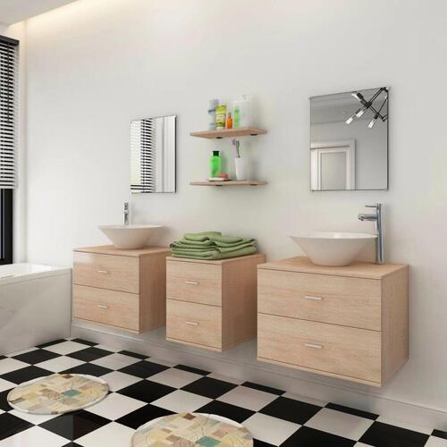 Sæt med badeværelsesmøbler m/håndvask + vandhane 9 dele beige