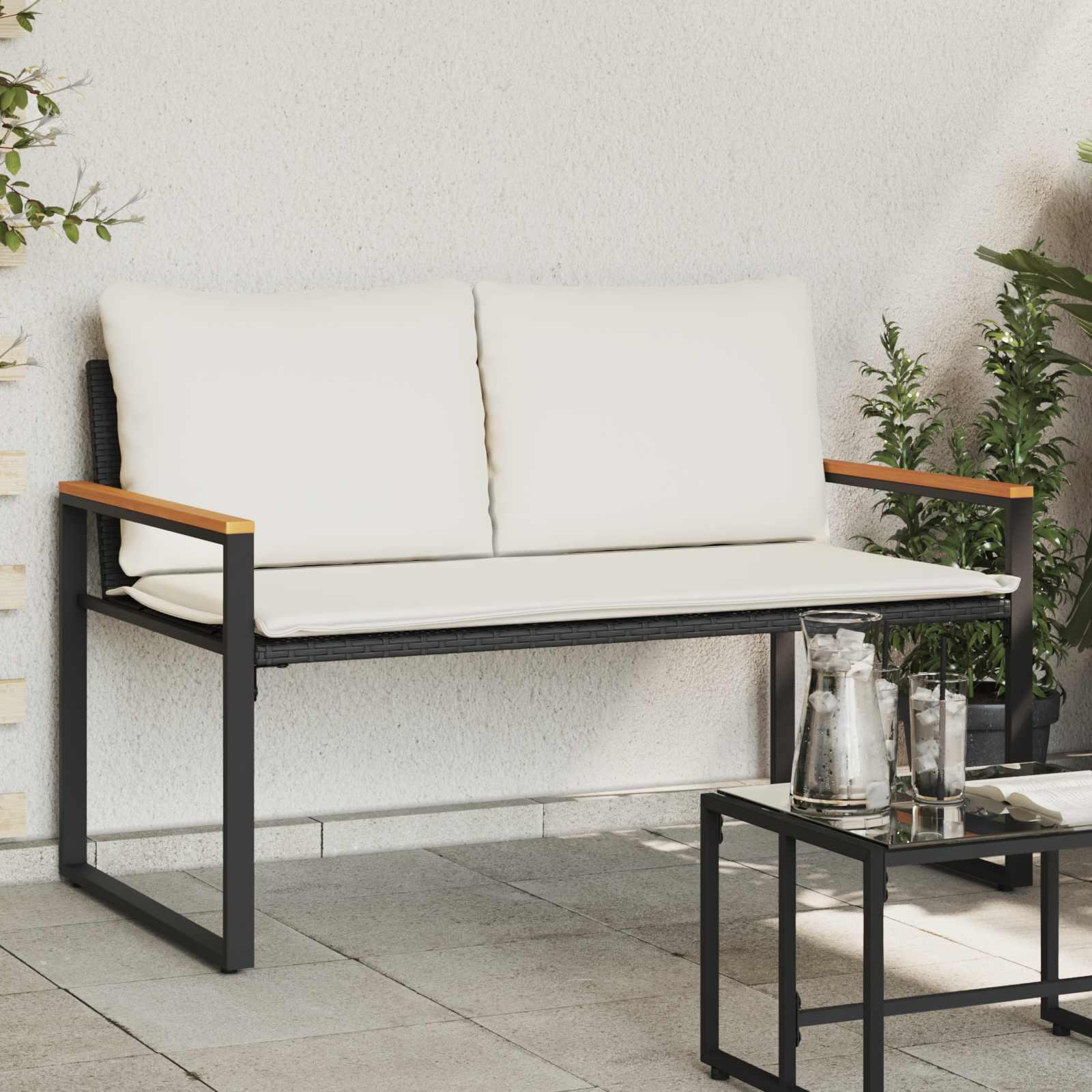 Bænk med pude Sort og Cremehvid 115 x 65 x 72 cm Rattan