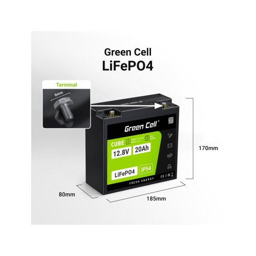 Green Cell CUBE LiFePO4-batteri 12,8 V 20 Ah (256 Wh) - sort/grøn