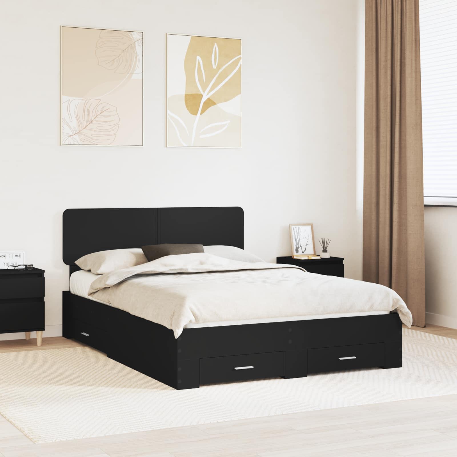 Sengestel med hovedgærde Sort 140 x 190 cm Konstrueret træ