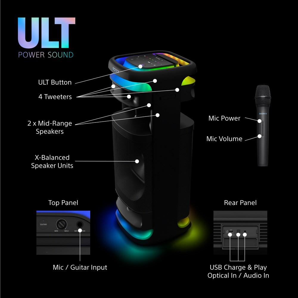 Sony ULT Tower 10 partyhøjttaler - Bluetooth, dyb bas, LED-lys, trådløs mikrofon - Sort