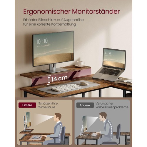 L-formet skrivebord med skærmstand og 2 skuffer – hjørneskrivebord til hjemmekontor, rustik brun