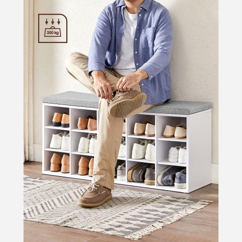 Skobænk med sæde og 15 rum – hvid/grå opbevaringsbænk til entré, max 200 kg