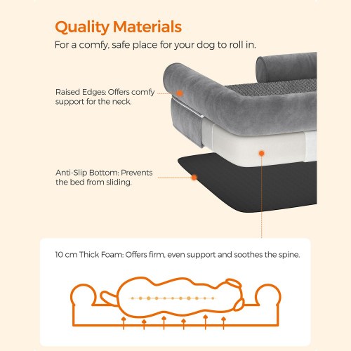 Ortopædisk hundeseng med kanter – vaskbar, skridsikker, grå 91×71 cm