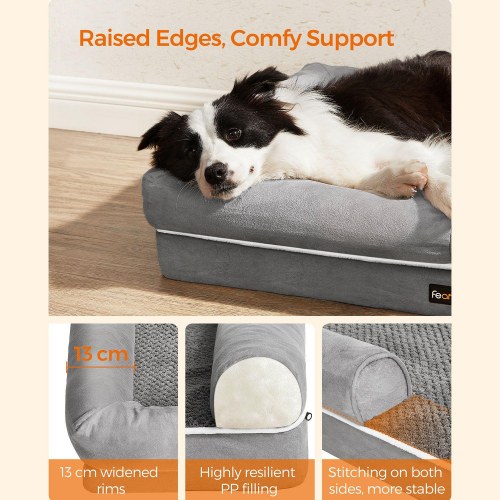 Ortopædisk hundeseng med kanter – vaskbar, skridsikker, grå 91×71 cm