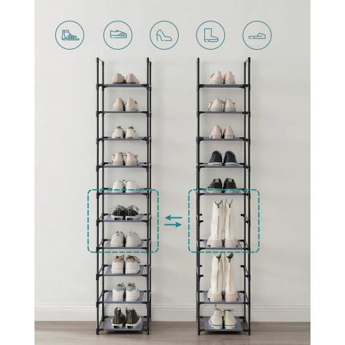Skostativ med 10 hylder - pladsbesparende skoreol 33 × 33 × 173 cm, metalstel og hylder i nonwoven - grå
