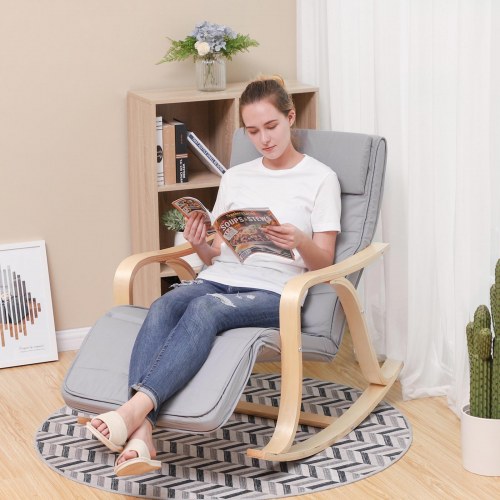 Gyngestol med fodstøtte – 5-trins justerbar, birketræ, grå, 67 × 125 × 91 cm, max 150 kg