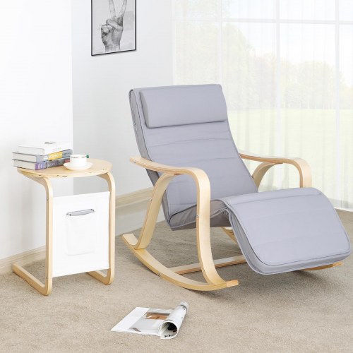 Gyngestol med fodstøtte – 5-trins justerbar, birketræ, grå, 67 × 125 × 91 cm, max 150 kg