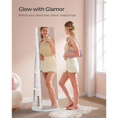 Spejl-smykkeskab med 6 LED, låsbart – fritstående 360° drejefunktion, rammeløst helkropsspejl, 3 opbevaringshylder – hvid/greige