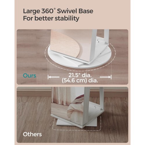 Spejl-smykkeskab med 6 LED, låsbart – fritstående 360° drejefunktion, rammeløst helkropsspejl, 3 opbevaringshylder – hvid/greige