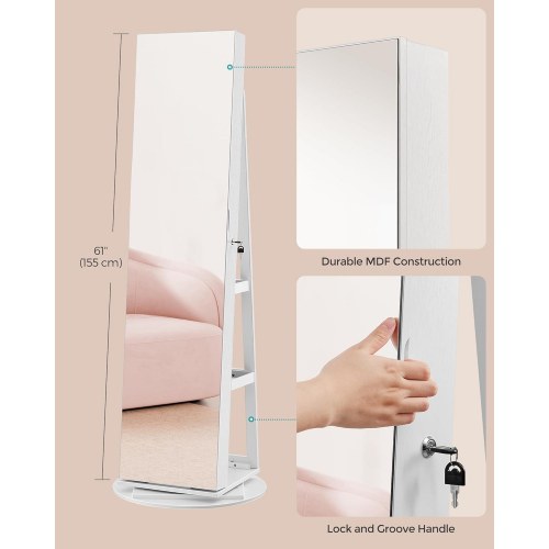 Spejl-smykkeskab med 6 LED, låsbart – fritstående 360° drejefunktion, rammeløst helkropsspejl, 3 opbevaringshylder – hvid/greige