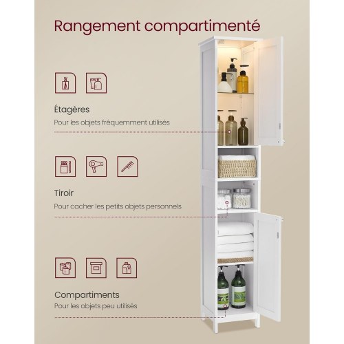 Højt og smalt badeværelsesskab med lys – justerbare hylder, åbne rum, til små badeværelser, moderne, cloud hvid (BBC566W03)