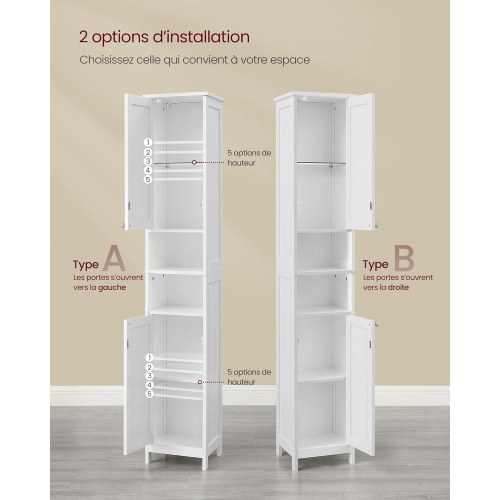 Højt og smalt badeværelsesskab med lys – justerbare hylder, åbne rum, til små badeværelser, moderne, cloud hvid (BBC566W03)