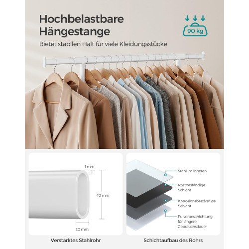 Tøjstativ på hjul – kraftig garderobestang, udtrækkelig 92–132 cm, 90 kg – klassisk hvid