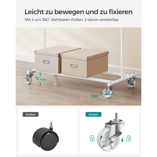 Tøjstativ på hjul – kraftig garderobestang, udtrækkelig 92–132 cm, 90 kg – klassisk hvid