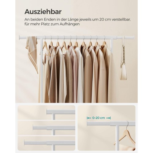 Tøjstativ på hjul – kraftig garderobestang, udtrækkelig 92–132 cm, 90 kg – klassisk hvid