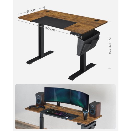Hæve-sænkebord, elektrisk - 60 × 140 × 72-120 cm, 4 hukommelser, belastningssikring, vintage brun/sort (LSD016X01)