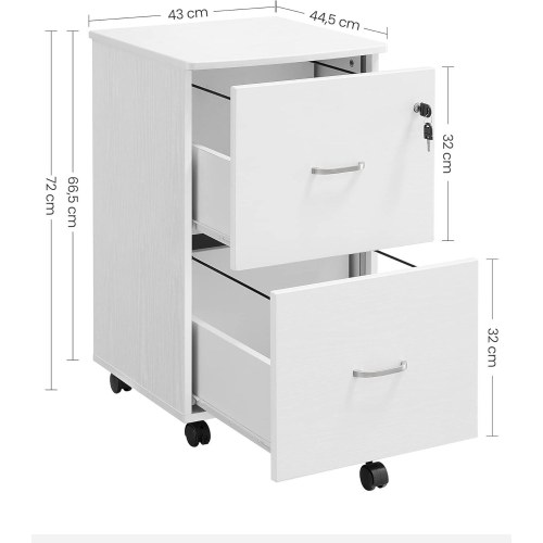 Rullearkiv med 2 skuffer – låsbart filskab til hjemmekontor, hvid 43 × 44,5 × 72 cm