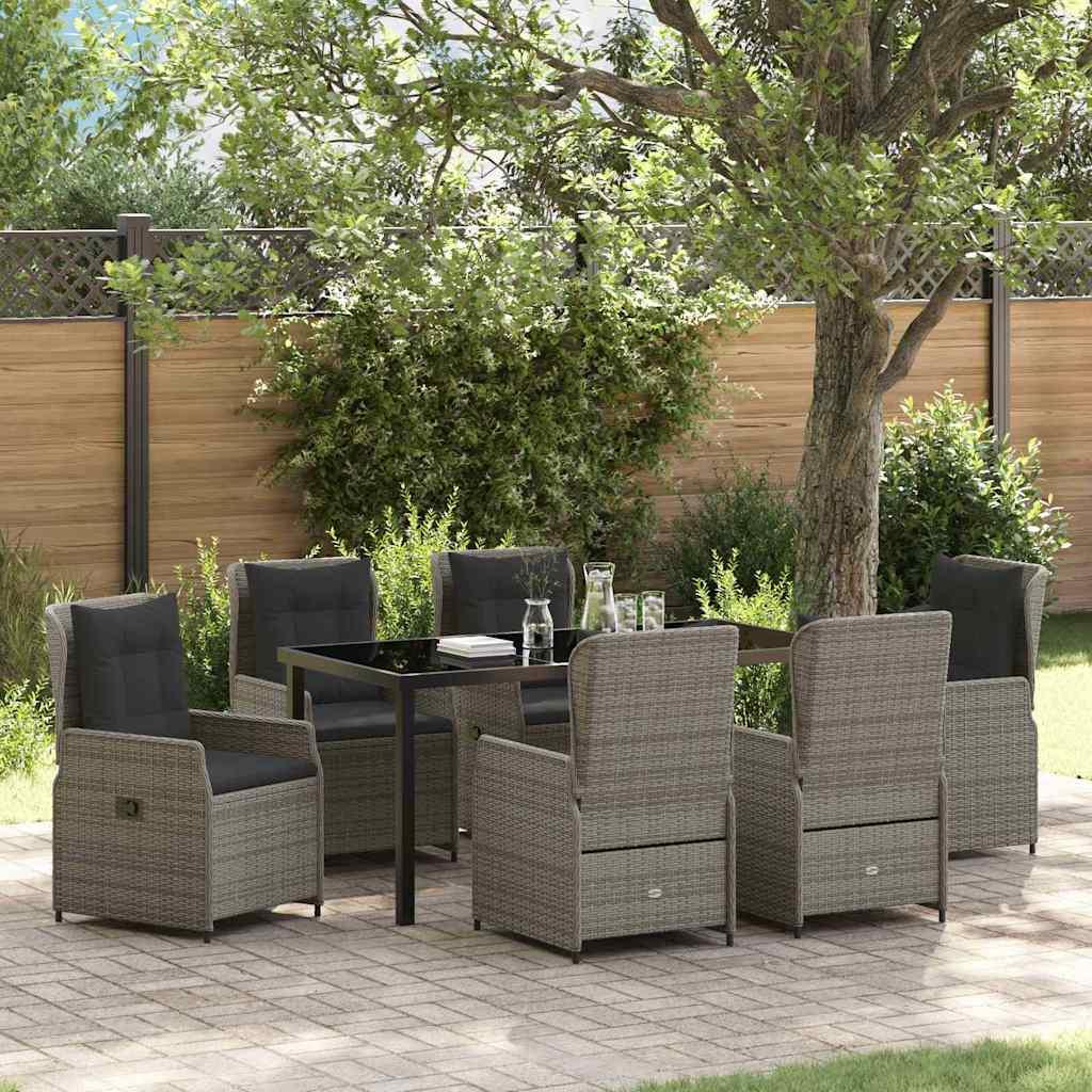 Have spisebordssæt i grå polyrattan - 7 dele med glasbord og reclinerstole