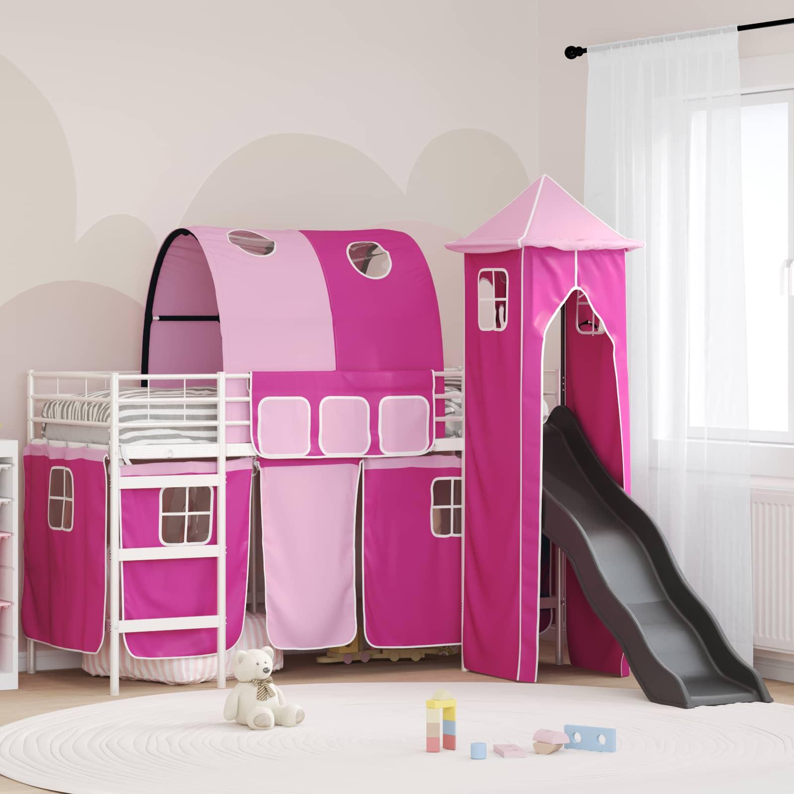 Børns Loft Seng Ramme med Gardiner, Bue, Rutsjebane, Tårn