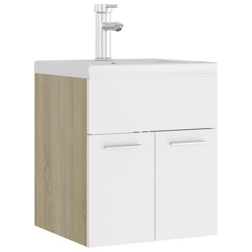 Vaskeskab med indbygget håndvask spånplade hvid og sonoma-eg