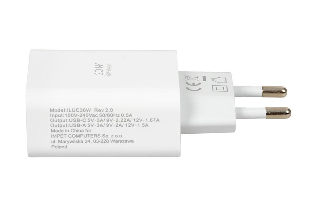 iBox ILUC36W vægoplader 20 W GaN med USB‑C PD og USB‑A – hvid billede