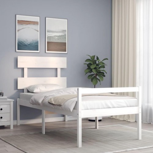 Seniorseng med sengegavl 90x200 cm massivt træ hvid