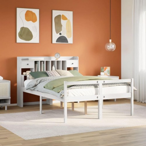 Seng med reol 140x200 cm - massivt fyrretræ, hvid