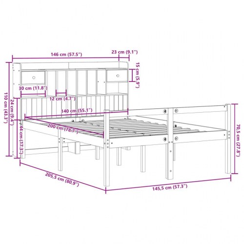 Seng med reol 140x200 cm - massivt fyrretræ, hvid